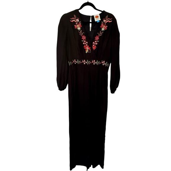 Farm Rio for Anthropologie Black Embroidered Maxi Dress Size S Boho Floral - Picture 2 of 7